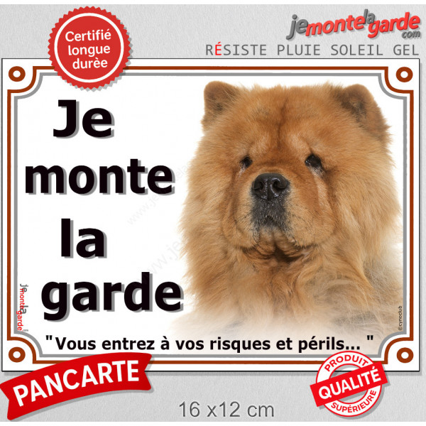 Chow-Chow fauve orange Tête, plaque portail extérieure "Je Monte la Garde, risques et périls" pancarte photo attention au chien
