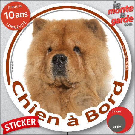 Chow-Chow fauve orange Tête , sticker autocollant rond "Chien à Bord" Disque adhésif vitre voiture photo, résiste pluie soleil g