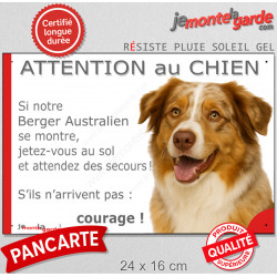 Berger Australien rouge merle yeux ambre, plaque portail humour "Attention au Chien, Jetez Vous au Sol" pancarte photo Aussie