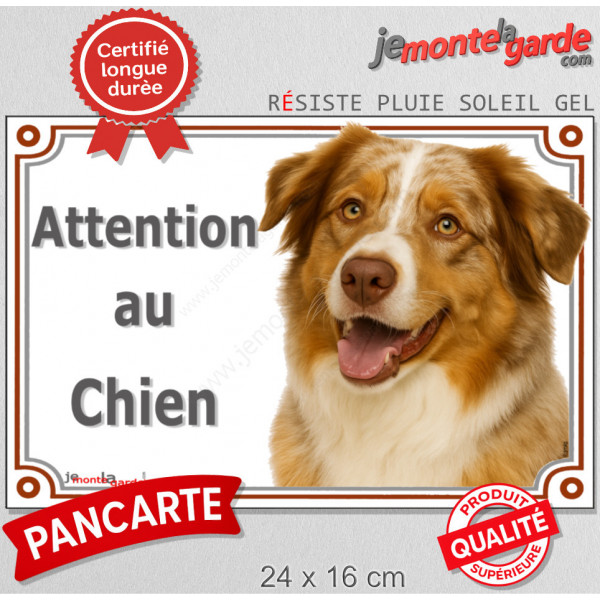 Berger Australien rouge merle, plaque portail extérieure "Attention au Chien" pancarte panneau photo aussie