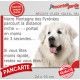 Plaque humour extérieur "Montagne des Pyrénées parcourt distance Niche-Portail moins 3 secondes" attention au chien photo Patou