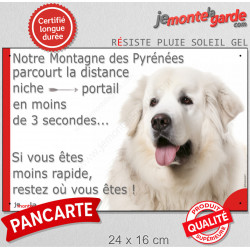 Plaque humour extérieur "Montagne des Pyrénées parcourt distance Niche-Portail moins 3 secondes" attention au chien photo Patou