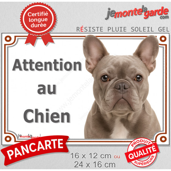 Bouledogue Français lilac Tête, plaque portail "Attention au Chien" pancarte panneau photo bulldog bleu gris lilas