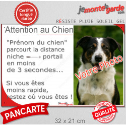 Photo Personnalisable, plaque humour "Attention au Chien, parcourt distance Niche-Portail moins 3 secondes, rapide" votre photo