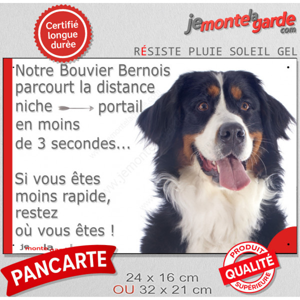 Bouvier Bernois, plaque Portail humoristique" parcourt distance niche portail 3 secondes" pancarte panneau attention chien photo