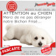 Plaque portail humour extérieure "Attention au Chien, Merci de ne pas déranger notre Bichon Frisé". Photo drôle fatigué feignant