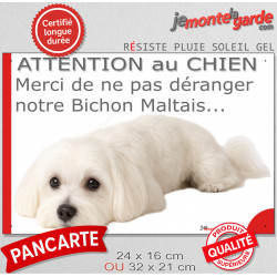 Plaque portail humour extérieure "Attention au Chien, Merci de ne pas déranger notre Bichon Maltais" Photo drôle fatigué feignan