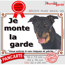 Beauceron noir et feu tête, Plaque portail "Je Monte la Garde, vous entrez à vos risques et périls" berger de beauce photo Bas-R