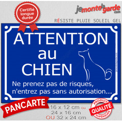 "Attention au Chien, ne prenez pas de risques, n'entrez pas sans autorisation" Plaque bleu portail humour extérieur sécurité