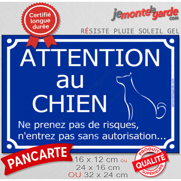 "Attention au Chien, ne prenez pas de risques, n'entrez pas sans autorisation" Plaque bleu portail humour extérieur sécurité
