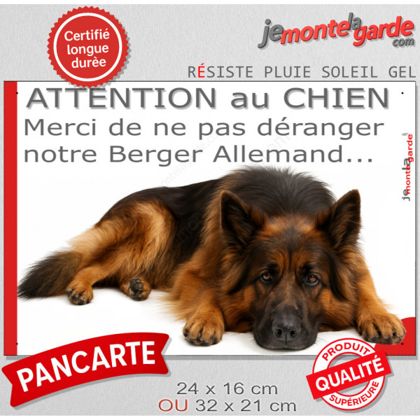 Plaque portail humour extérieure "Attention au Chien, Merci de ne pas déranger notre Berger Allemand noir et feu à poils longs" 