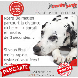 Dalmatien, plaque humour "parcourt distance Niche-Portail moins 3 secondes, rapide" pancarte photo attention au chien