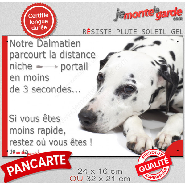 Dalmatien, plaque humour "parcourt distance Niche-Portail moins 3 secondes, rapide" pancarte photo attention au chien