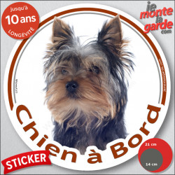 Yorkshire Terrier, sticker autocollant rond "Chien à Bord" disque photo York adhésif vitre voiture