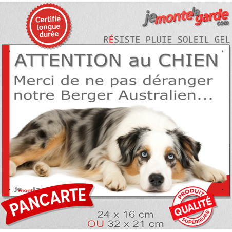 Plaque portail humour extérieure "Attention au Chien, Merci de ne pas déranger notre Berger Australien bleu merle". Photo drôle