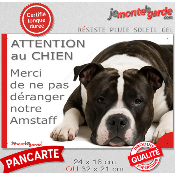 Plaque portail humour extérieure "Attention au Chien, Merci de ne pas déranger notre Amstaff noir et blanc". Photo drôle fatigué