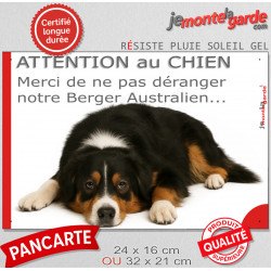 Plaque portail humour extérieure "Attention au Chien, Merci de ne pas déranger notre Berger Australien tricolore noir" Photo