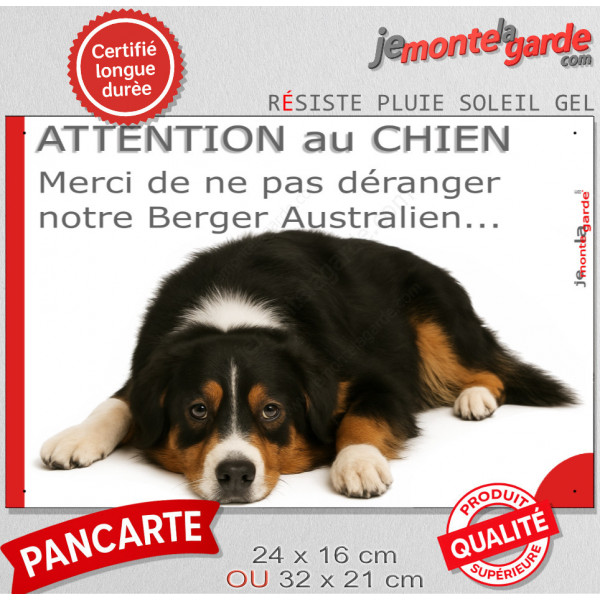 Plaque portail humour extérieure "Attention au Chien, Merci de ne pas déranger notre Berger Australien tricolore noir" Photo