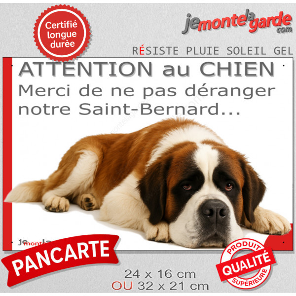Plaque portail humour extérieure "Attention au Chien, Merci de ne pas déranger notre Saint-Bernard fauve-rouge". Photo drôle