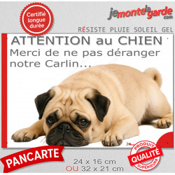 Plaque portail humour extérieure "Attention au Chien, Merci de ne pas déranger notre Carlin fauve" Photo drôle fatigué feignant
