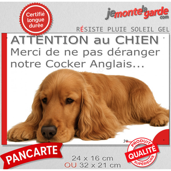 Plaque portail humour extérieure "Attention au Chien, Merci de ne pas déranger notre Cocker Anglais Golden" Photo drôle fatigué 