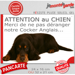 Plaque portail humour extérieure "Attention au Chien, Merci de ne pas déranger notre Cocker Anglais noir et feu" photo sieste