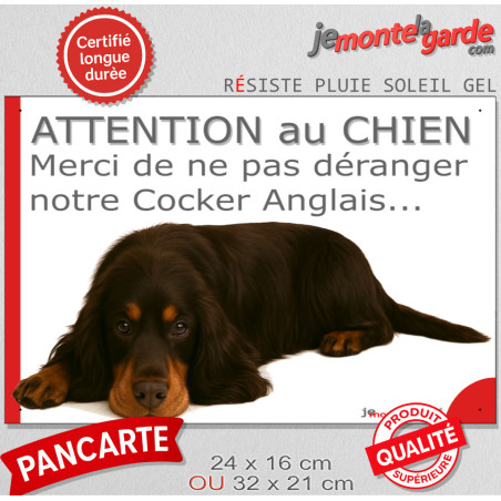 Plaque portail humour "Attention au Chien, Merci de ne pas déranger notre Cocker Anglais noir et feu" photo sieste, résiste plui