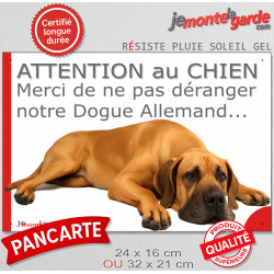 Plaque portail humour extérieure "Attention au Chien, Merci de ne pas déranger notre Dogue Allemand fauve" Photo drôle fatigué