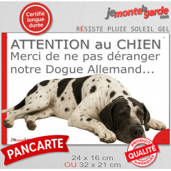 Plaque portail humour extérieure "Attention au Chien, Merci de ne pas déranger notre Dogue Allemand arlequin" Photo drôle fatigu
