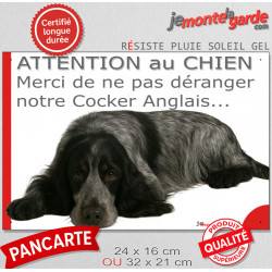 Plaque portail humour extérieure "Attention au Chien, Merci de ne pas déranger notre Cocker Anglais bleu" photo sieste fatigué