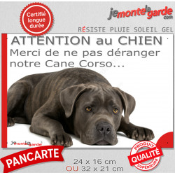Plaque portail humour extérieure "Attention au Chien, Merci de ne pas déranger notre Cane Corso bringé gris" Photo drôle fatigué