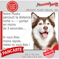 Husky Sibérien marron rouge et blanc, Plaque extérieure "parcourt distance niche-portail 3 secondes, rapide" photo