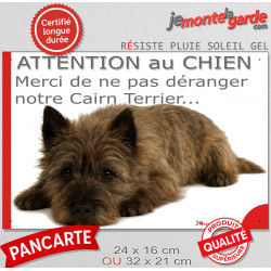 Plaque portail humour extérieure "Attention au Chien, Merci de ne pas déranger notre Cairn Terrier bringé charbonné" Photo drôle