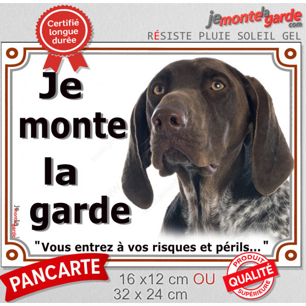 Braque Allemand marron truité blanc, plaque Portail extérieur "Je Monte la Garde, risques et périls" pancarte panneau photo