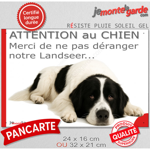 Plaque portail humour extérieure "Attention au Chien, Merci de ne pas déranger notre Landseer" Photo drôle fatigué feignant