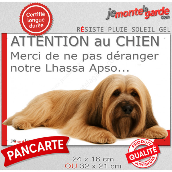 Plaque portail humour extérieure "Attention au Chien, Merci de ne pas déranger notre Lhassa Apso sable doré" Photo drôle fatigué