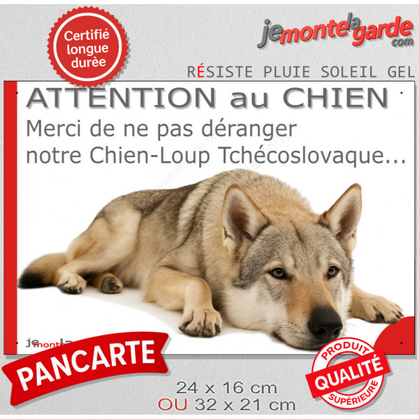 Plaque portail humour extérieure "Attention au Chien, Merci de ne pas déranger notre Chien-loup tchécoslovaque" Photo drôle
