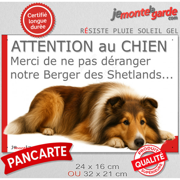 Plaque portail humour extérieure "Attention au Chien, Merci de ne pas déranger notre Berger Shetland Zibeline fauve" Photo drôle