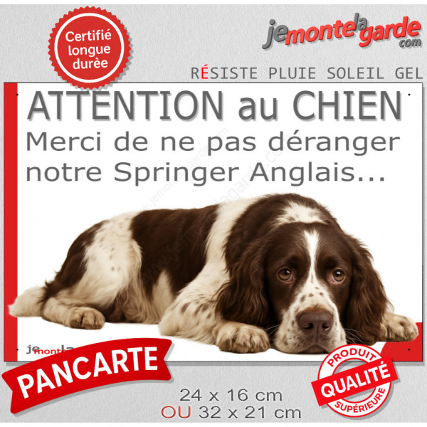 Plaque portail humour extérieure "Attention au Chien, Merci de ne pas déranger notre English Springer Spaniel foie" Photo drôle 