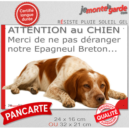Plaque portail humour extérieur "Attention au Chien, Merci de ne pas déranger notre Epagneul Breton orange" Photo drôle fatigué