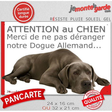 Plaque portail humour "Attention au Chien, Merci de ne pas déranger notre Dogue Allemand gris bleu" Photo drôle fatigué, résiste