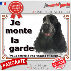 Cocker Anglais bleu, plaque portail "Je Monte la Garde, risques périls" panneau pancarte spaniel attention au chien photo