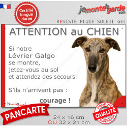 Lévrier Galgo bringé, plaque portail humour "Attention au Chien, Jetez Vous au Sol" 2 tailles JET