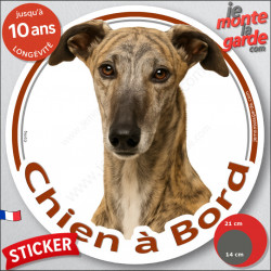 Lévrier Galgo bringé, sticker voiture rond "Chien à Bord" 2 tailles D