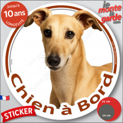 Lévrier Galgo fauve, sticker voiture rond "Chien à Bord" 2 tailles D
