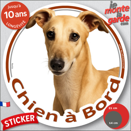 Lévrier Galgo fauve, sticker voiture rond "Chien à Bord" 2 tailles D