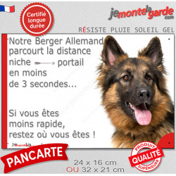 Berger Allemand Poil Long, Plaque humour "parcourt distance niche portail 3 secondes" pancarte panneau photo Attention au chien