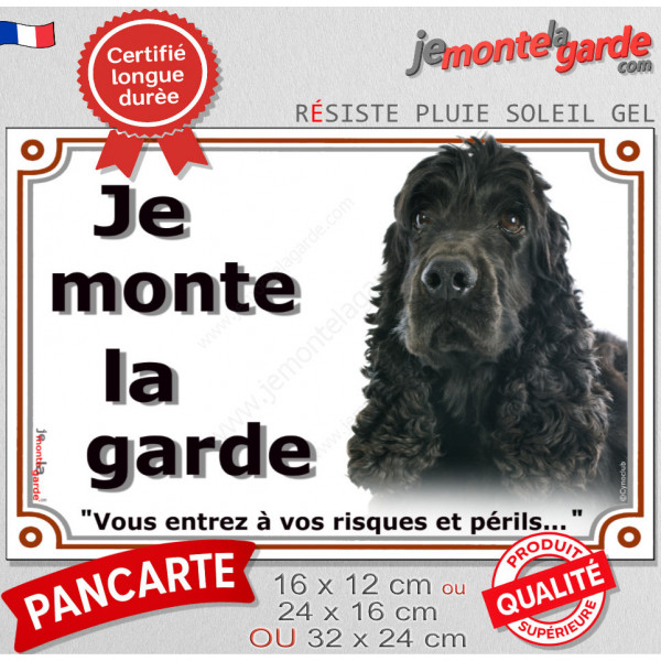 Cocker Anglais noir, plaque portail "Je Monte la Garde, risques périls" panneau pancarte spaniel attention au chien photo