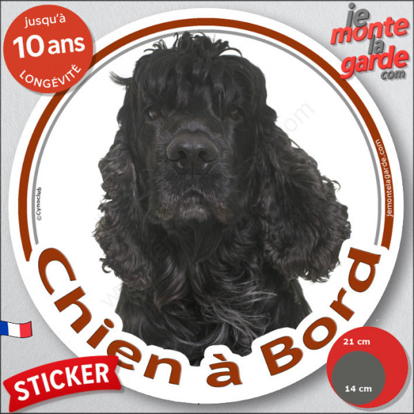 Cocker Américain noir, sticker autocollant rond "Chien à Bord" disque photo adhésif vitre voiture