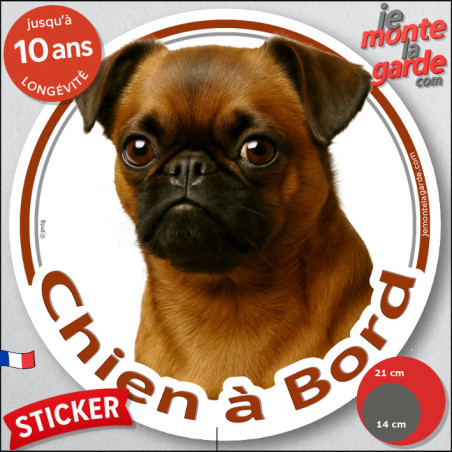 Petit Brabançon fauve rouge masque noir, disque photo autocollant "Chien à Bord" Sticker adhésif rond vitre voiture, résiste plu